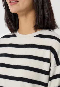 Kaschmir Rundhals Pullover gestreift schwarz und weiss