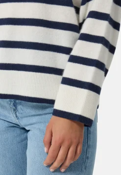 Kaschmir Rundhals Pullover gestreift weiss und marine blau