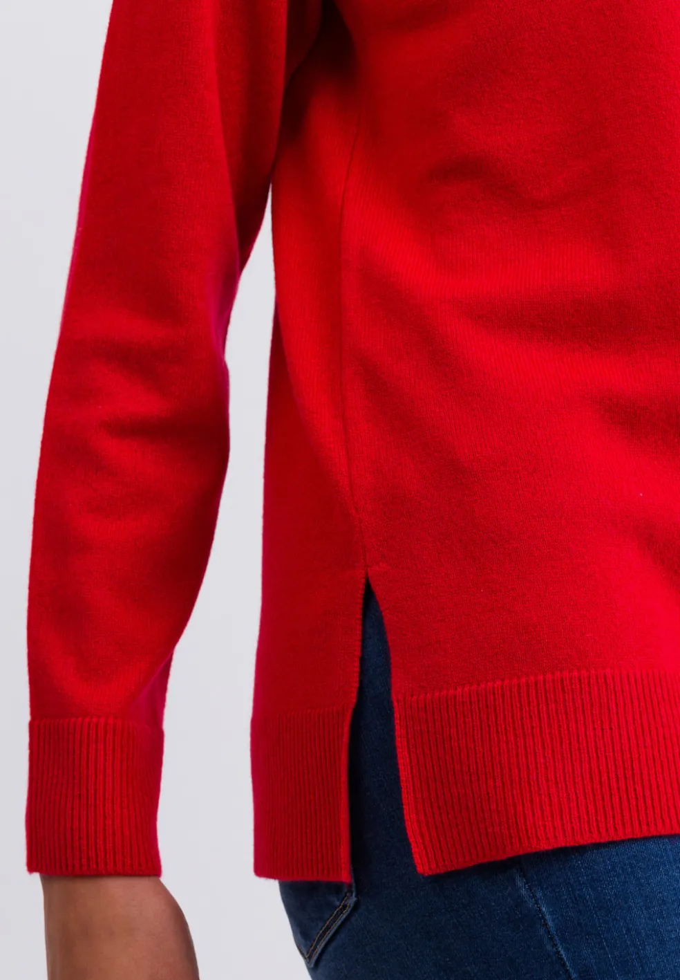 Kaschmir Rundhals Pullover mit Seitenschlitzen rot