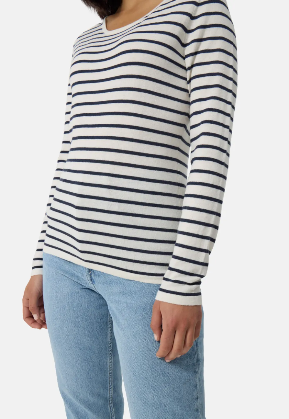 Kaschmir Rundhals Pullover gestreift weiss und marine blau (Frühling)