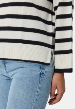 Kaschmir Rundhals Pullover gestreift schwarz und weiss