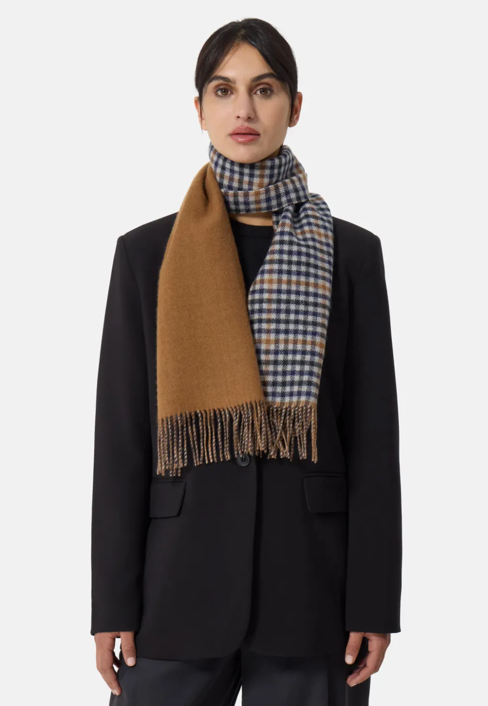 Kaschmir Schal mit Karomuster (GOTS) camel/grau/navy