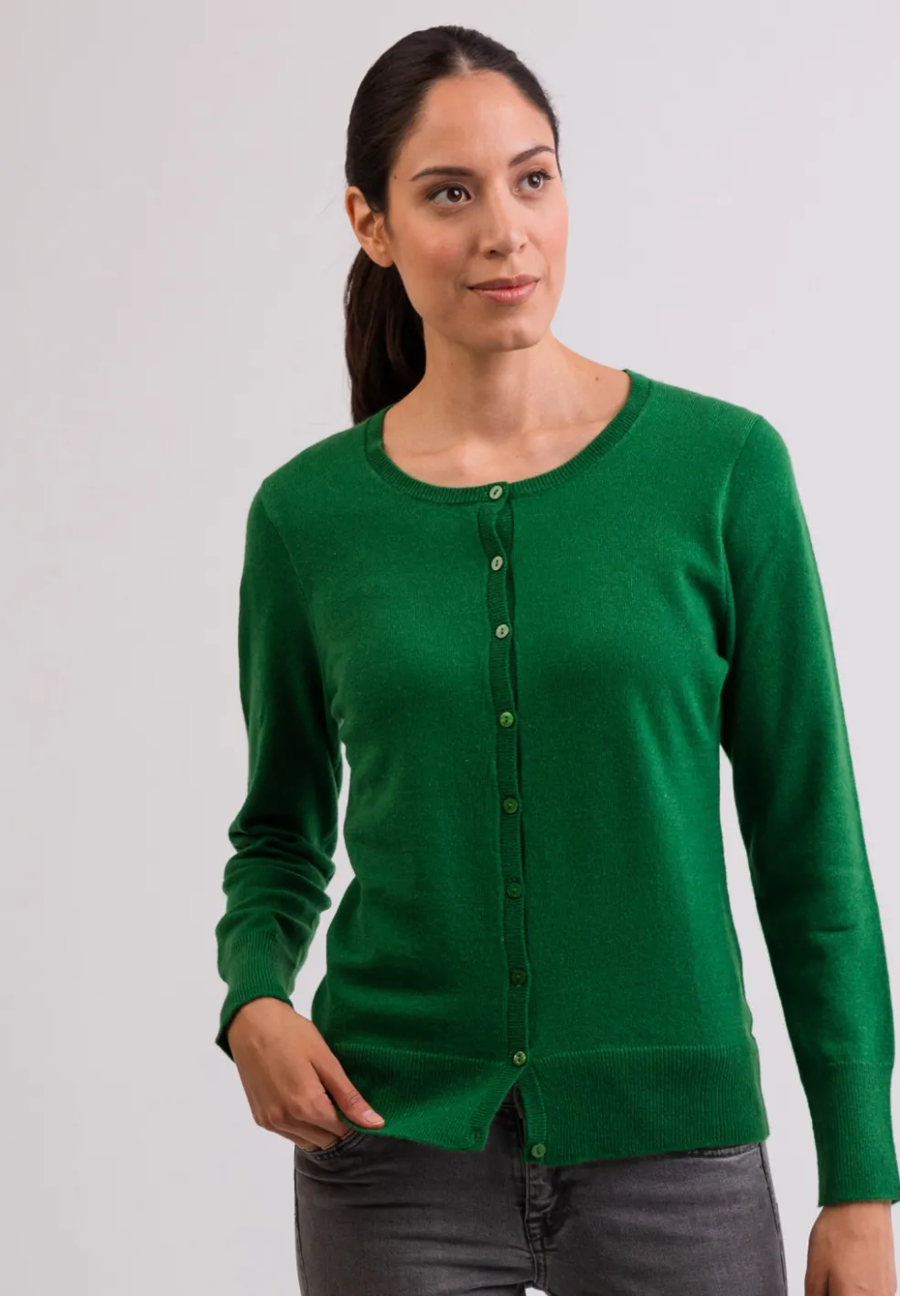 Kaschmir Strickjacke Cardigan Rundhals grün