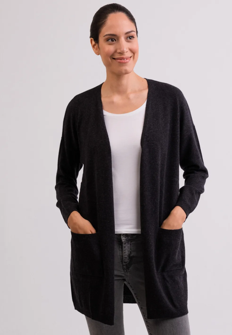 Kaschmir Strickjacke Cardigan Lang dunkel anthrazit