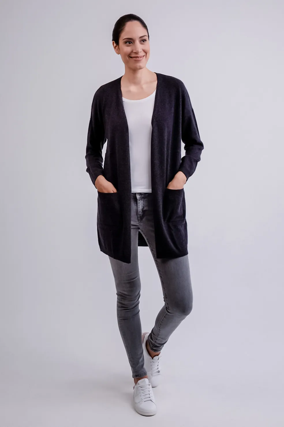 Kaschmir Strickjacke Cardigan Lang dunkel anthrazit