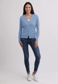 Kaschmir Strickjacke Cardigan V-Ausschnitt hellblau (Frühling)