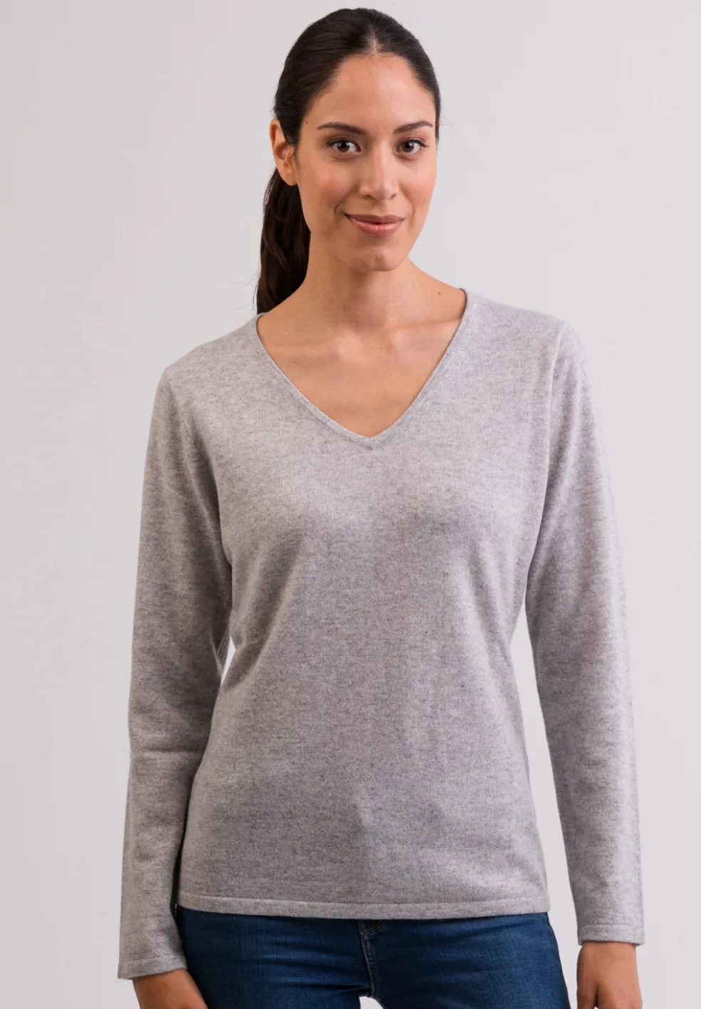 Kaschmir V-Ausschnitt Pullover hellgrau