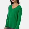 Kaschmir V-Ausschnitt Pullover mit Seitenschlitzen grün