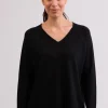 Kaschmir V-Ausschnitt Pullover mit Seitenschlitzen schwarz