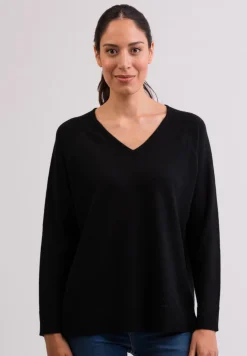 Kaschmir V-Ausschnitt Pullover mit Seitenschlitzen schwarz