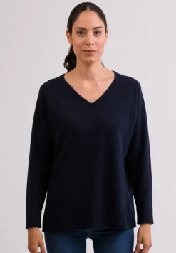 Kaschmir V-Ausschnitt Pullover mit Seitenschlitzen marine blau