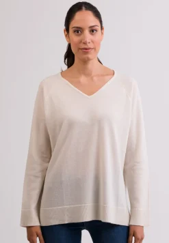 Kaschmir V-Ausschnitt Pullover mit Seitenschlitzen weiss
