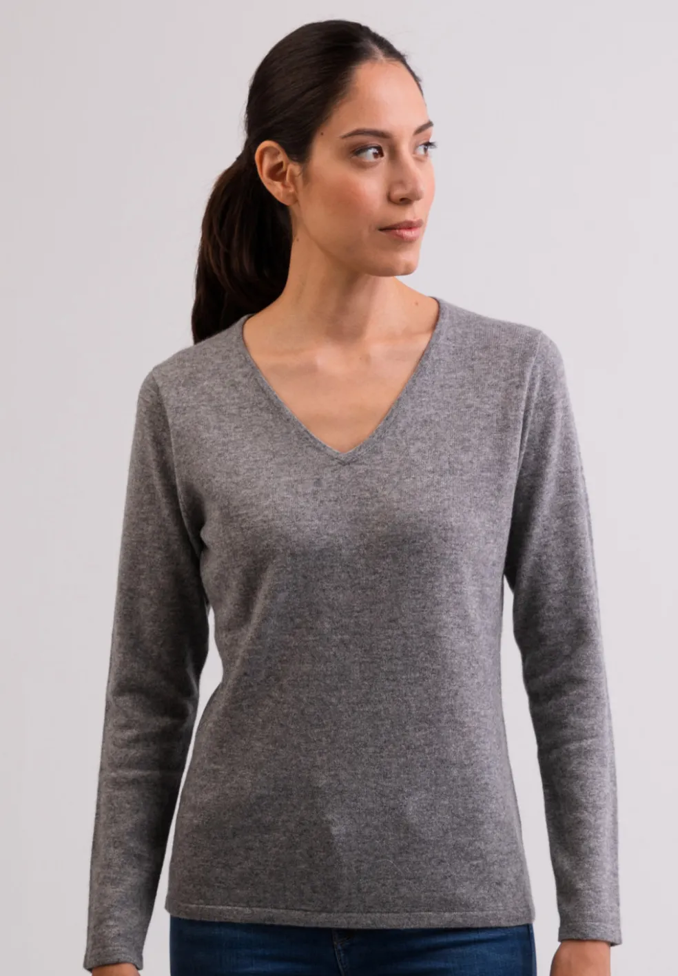 Kaschmir V-Ausschnitt Pullover grau