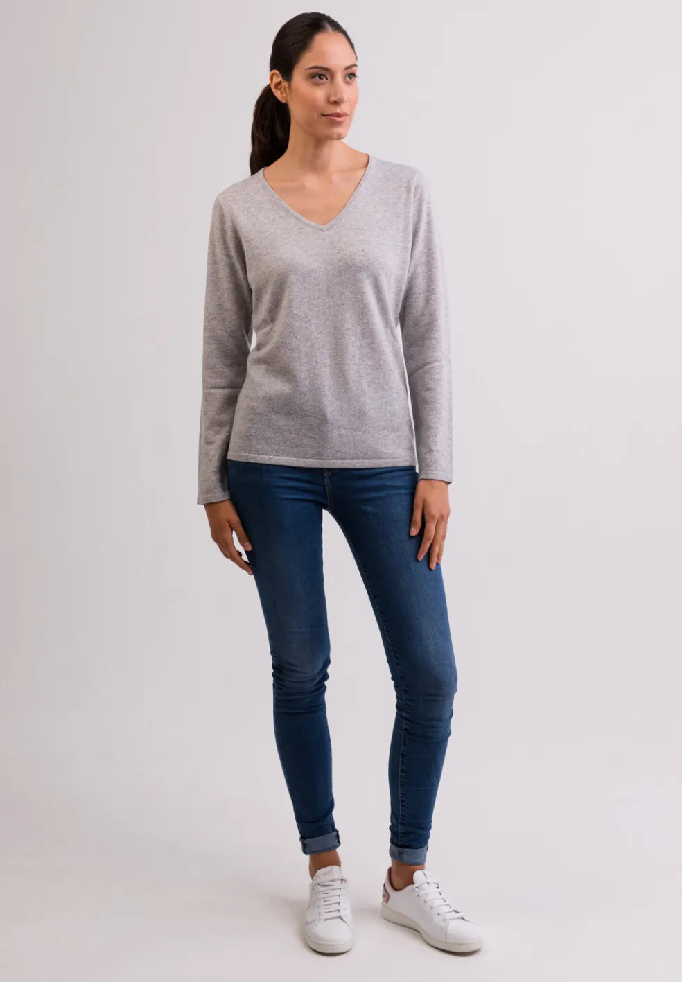 Kaschmir V-Ausschnitt Pullover hellgrau