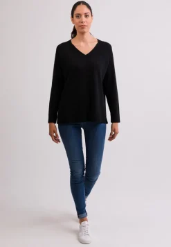 Kaschmir V-Ausschnitt Pullover mit Seitenschlitzen schwarz