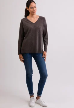 Kaschmir V-Ausschnitt Pullover mit Seitenschlitzen taupe melange