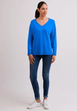 Kaschmir V-Ausschnitt Pullover mit Seitenschlitzen dazzling blau