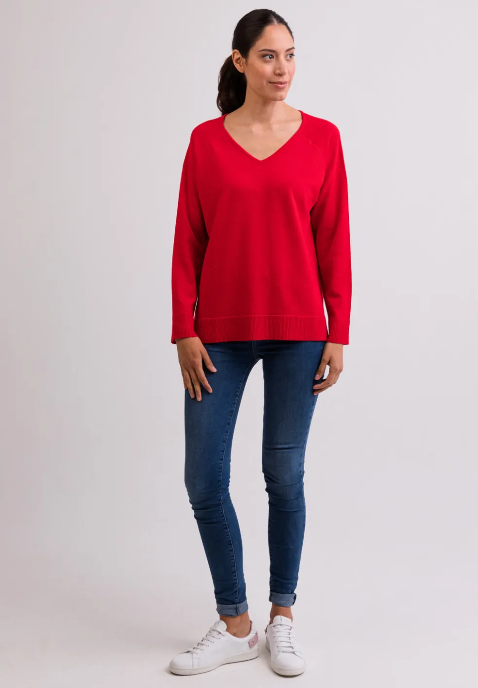 Kaschmir V-Ausschnitt Pullover mit Seitenschlitzen rot