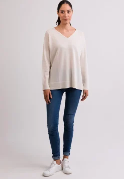 Kaschmir V-Ausschnitt Pullover mit Seitenschlitzen weiss