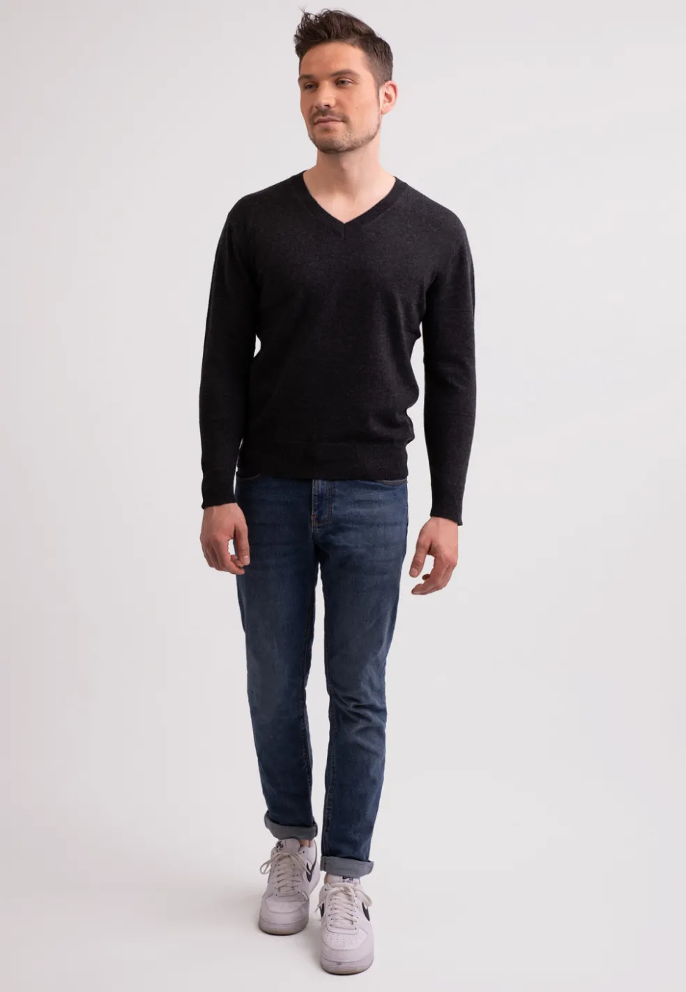 Kaschmir V-Ausschnitt Pullover dunkel anthrazit