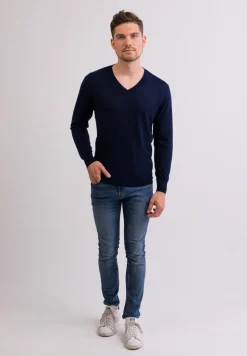 Kaschmir V-Ausschnitt Pullover marine blau (Frühling)