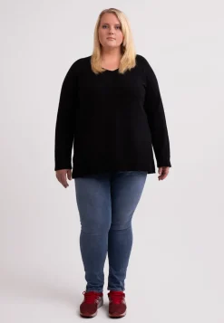 Kaschmir V-Ausschnitt Pullover mit Seitenschlitzen schwarz