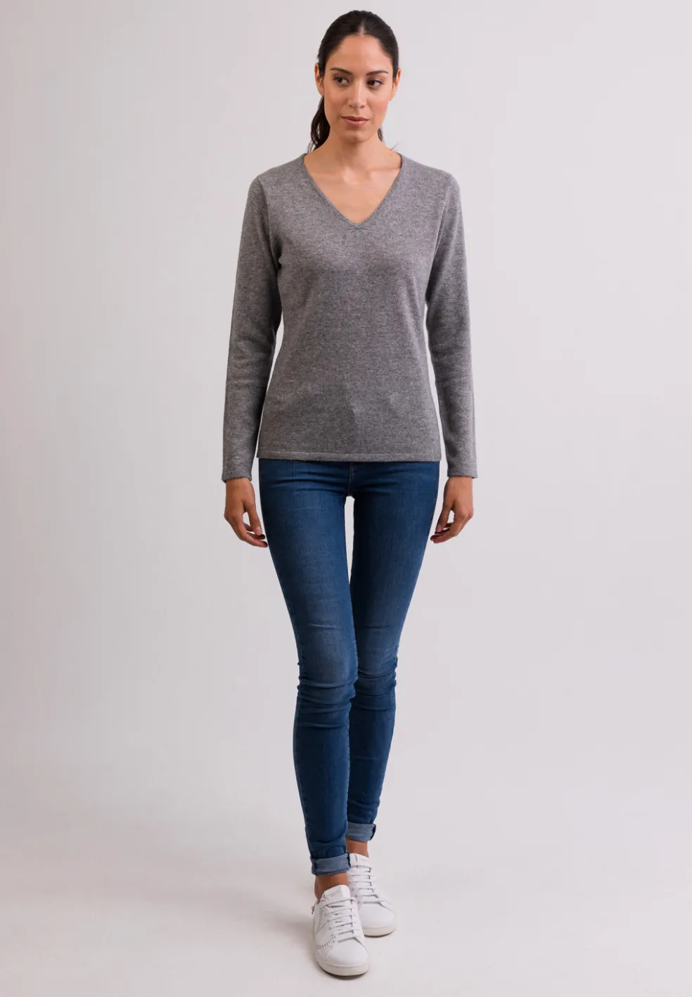 Kaschmir V-Ausschnitt Pullover grau