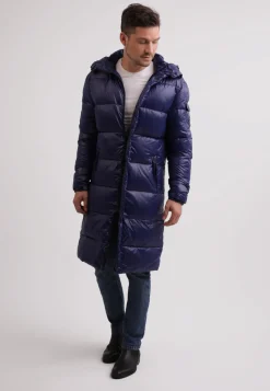 Langer Daunenmantel mit Kapuze und Kaschmirfutter navy
