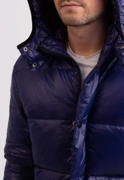 Langer Daunenmantel mit Kapuze und Kaschmirfutter navy