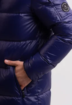 Langer Daunenmantel mit Kapuze und Kaschmirfutter navy