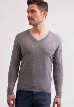 Recycelter Kaschmir V-Ausschnitt Pullover mittel grau melange