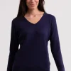 Seide Kaschmir V-Ausschnitt Pullover marine blau
