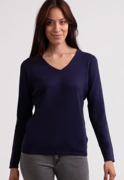 Seide Kaschmir V-Ausschnitt Pullover marine blau