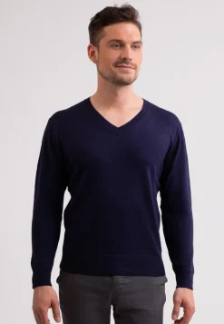 Seide Kaschmir V-Ausschnitt Pullover marine blau