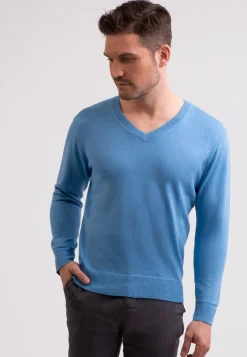 Seide Kaschmir V-Ausschnitt Pullover capri blau