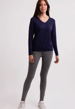 Seide Kaschmir V-Ausschnitt Pullover marine blau
