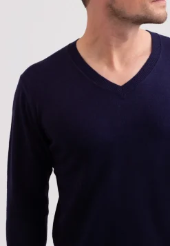 Seide Kaschmir V-Ausschnitt Pullover marine blau