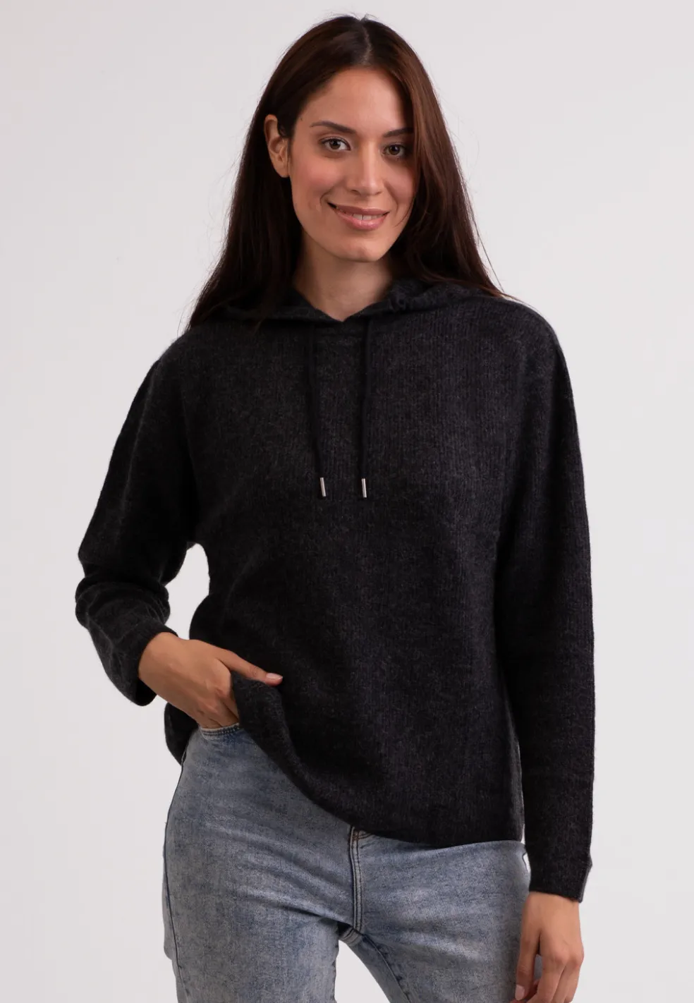 Wolle Kaschmir Kapuzenpullover Hoodie dunkel anthrazit