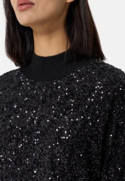 Wolle Kaschmir Rundhals Pullover mit Pailletten schwarz