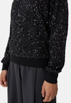 Wolle Kaschmir Rundhals Pullover mit Pailletten schwarz